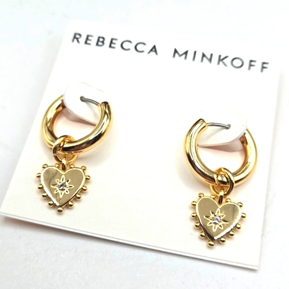 Rebecca Minkoff Gold Studded Heart Charm Huggie Hoop Earrings - Picture 3 of 4